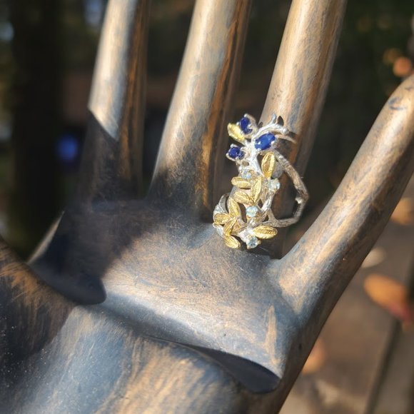 Sapphire & aquamarine sterling & gold finger cuff sz6.5 - Picture 7 of 11